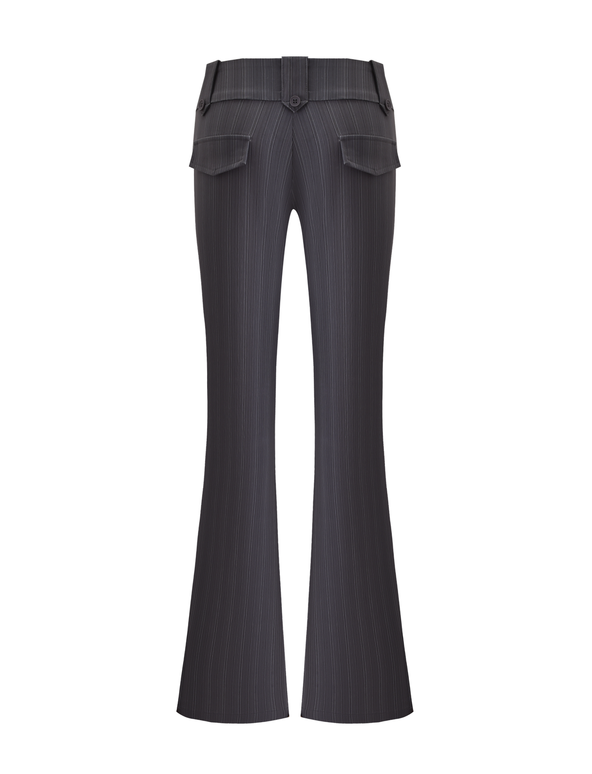 Back view of TIGERMIST's KITTIE PANT - GREY STRIPE, a high-waisted style with flared legs, belt loops, and two buttoned back flap pockets in stretch suiting fabric.