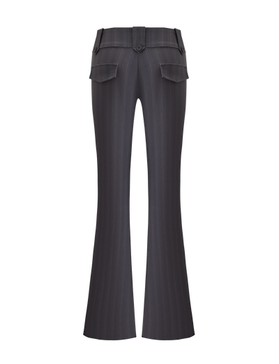 Back view of TIGERMIST's KITTIE PANT - GREY STRIPE, a high-waisted style with flared legs, belt loops, and two buttoned back flap pockets in stretch suiting fabric.