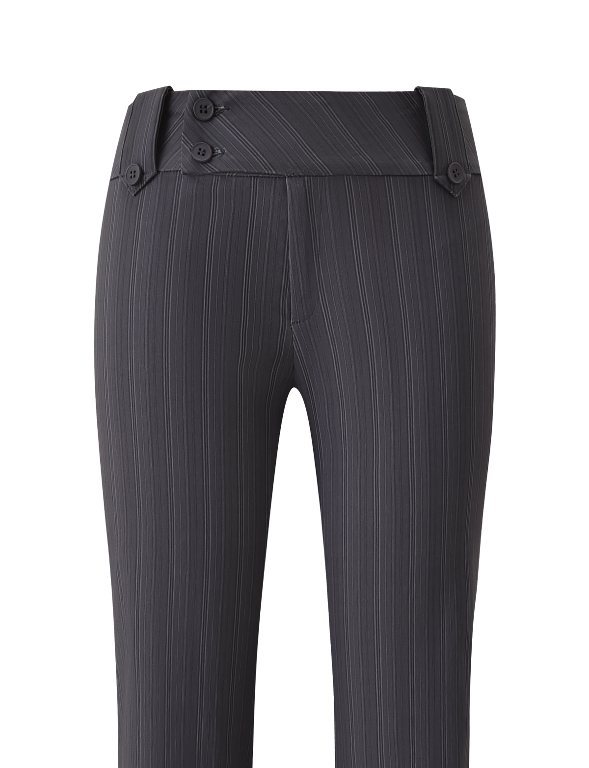The TIGERMIST KITTIE PANT - GREY STRIPE is a high-waisted, dark grey pinstripe pant in stretch suiting fabric, with a wide folded waistband, side button details, and vertical white stripes.