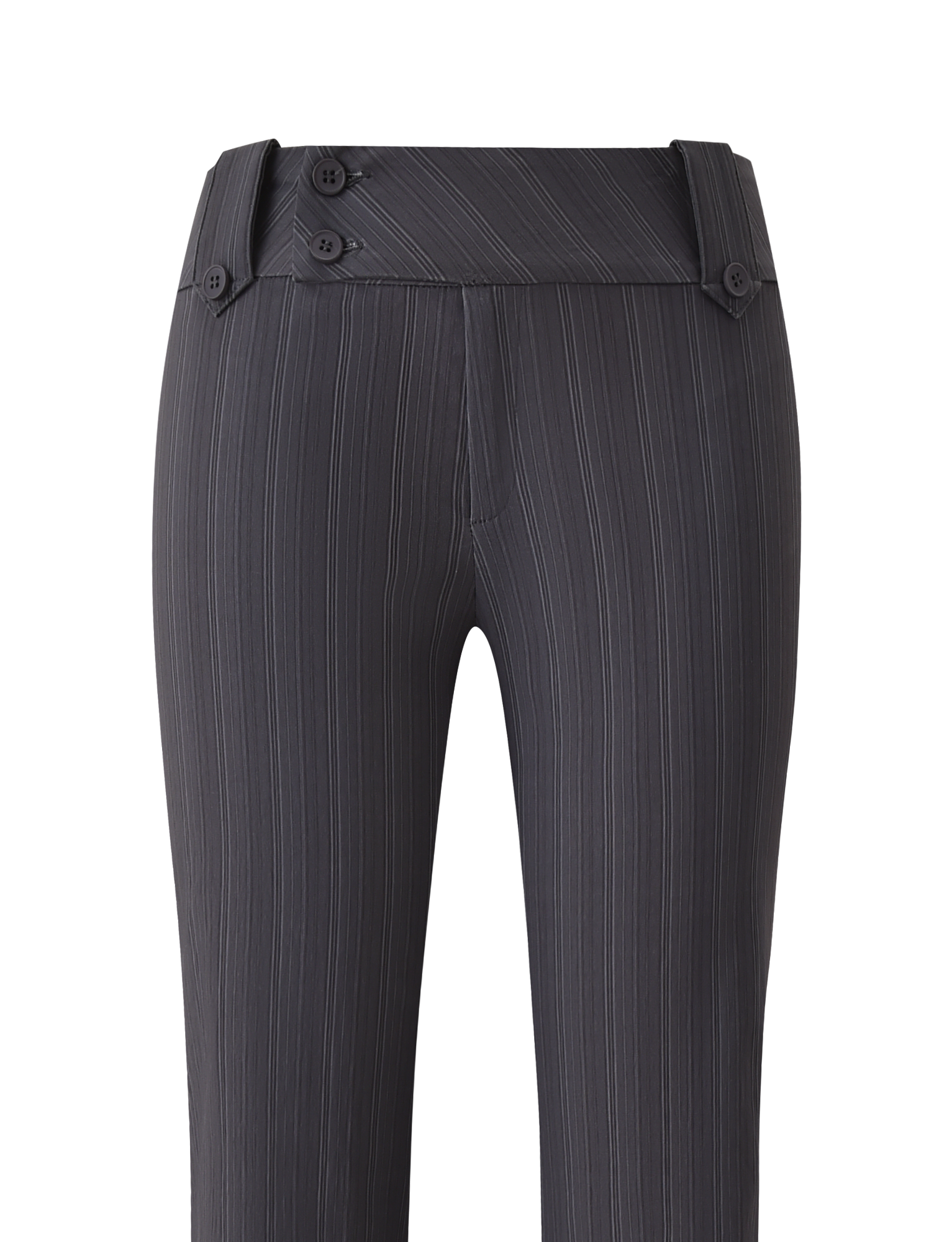 The TIGERMIST KITTIE PANT - GREY STRIPE is a high-waisted, dark grey pinstripe pant in stretch suiting fabric, with a wide folded waistband, side button details, and vertical white stripes.