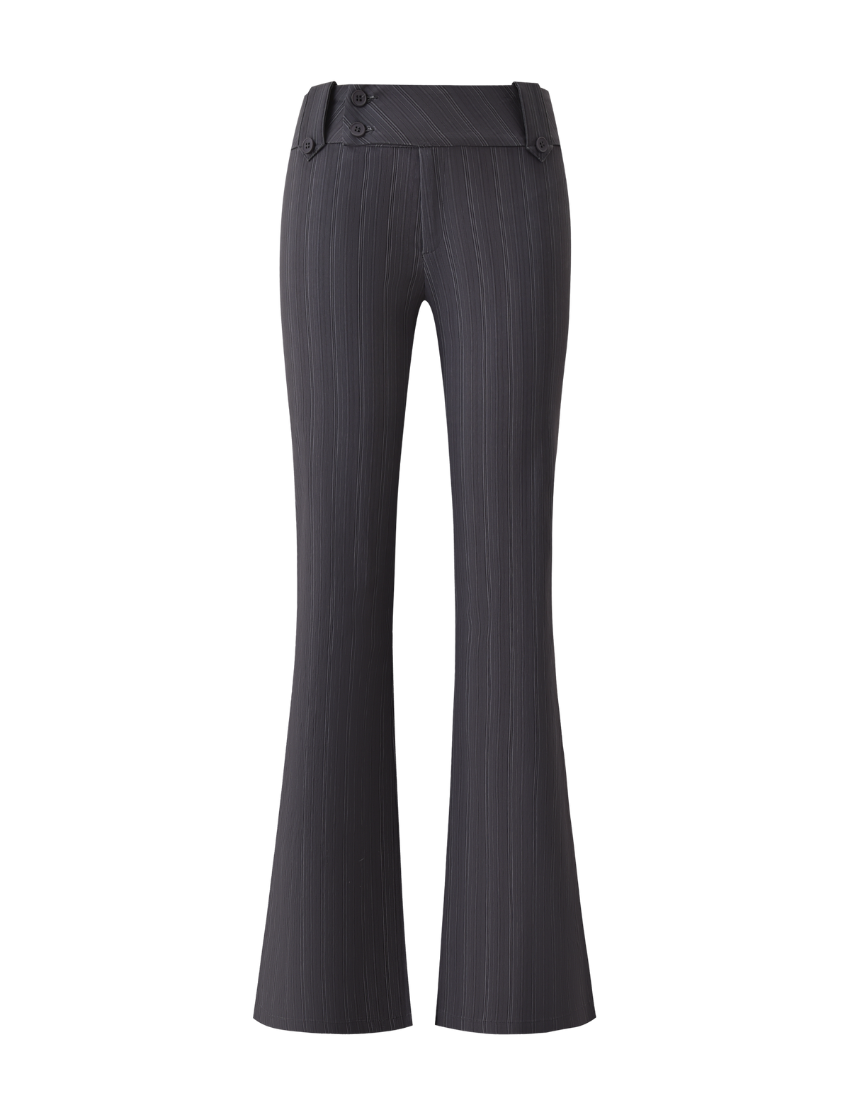 TIGERMIST KITTIE PANT - GREY STRIPE: High-waisted flared pants in dark grey stripe stretch suiting with two waistband buttons, shown on a white background.