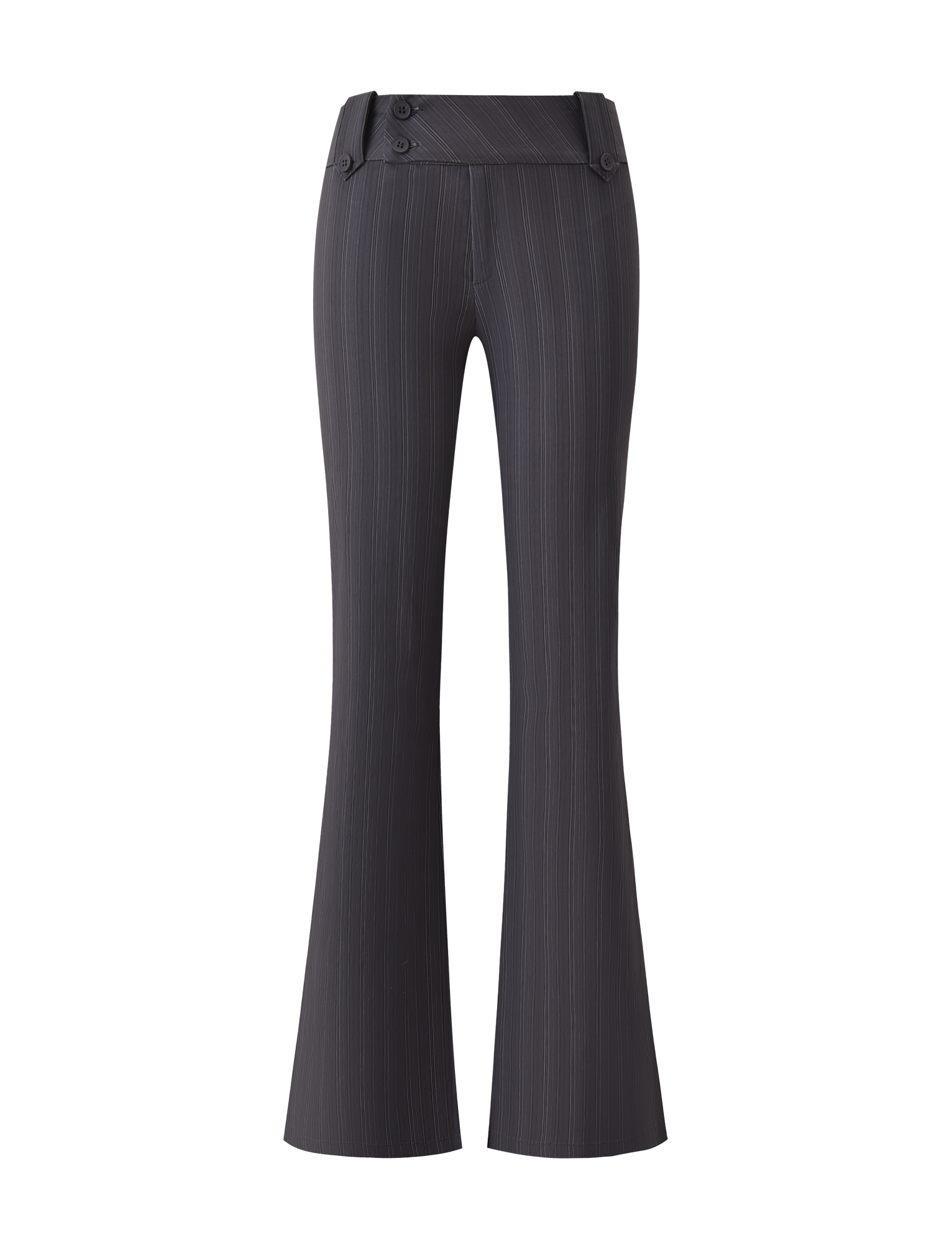 TIGERMIST KITTIE PANT - GREY STRIPE: High-waisted flared pants in dark grey stripe stretch suiting with two waistband buttons, shown on a white background.