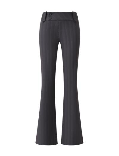 TIGERMIST KITTIE PANT - GREY STRIPE: High-waisted flared pants in dark grey stripe stretch suiting with two waistband buttons, shown on a white background.