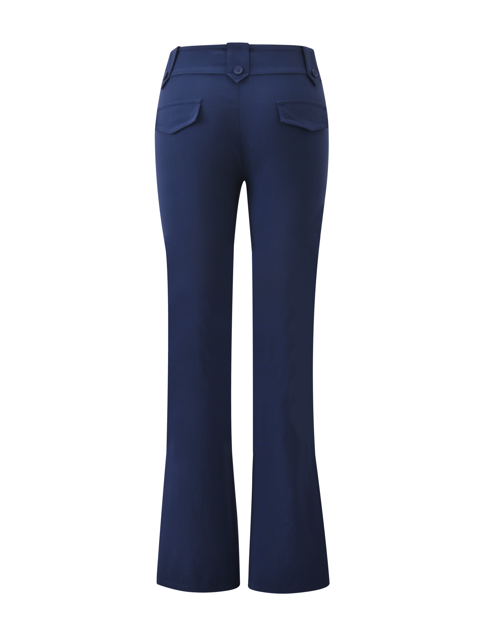 Back view of the TIGERMIST KITTIE PANT - NAVY, featuring stretch suiting fabric, flared legs, belt loops, and two buttoned back flap pockets, shown on a white background.