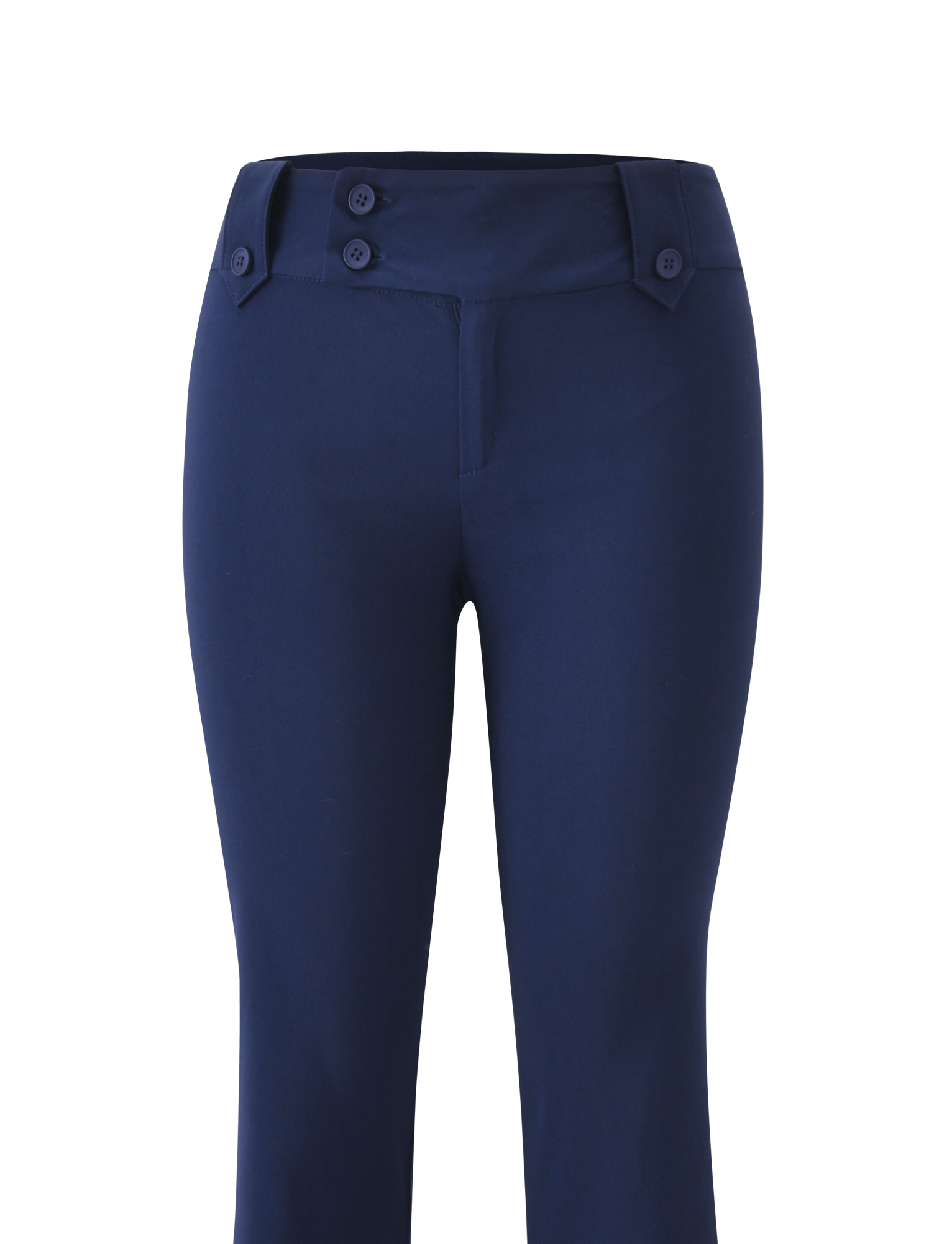 The TIGERMIST KITTIE PANT - NAVY features a high waist, double-button detail, and stretch suiting fabric. Tailored with a wide waistband and no visible pockets, these dress pants are shown on a plain white background.
