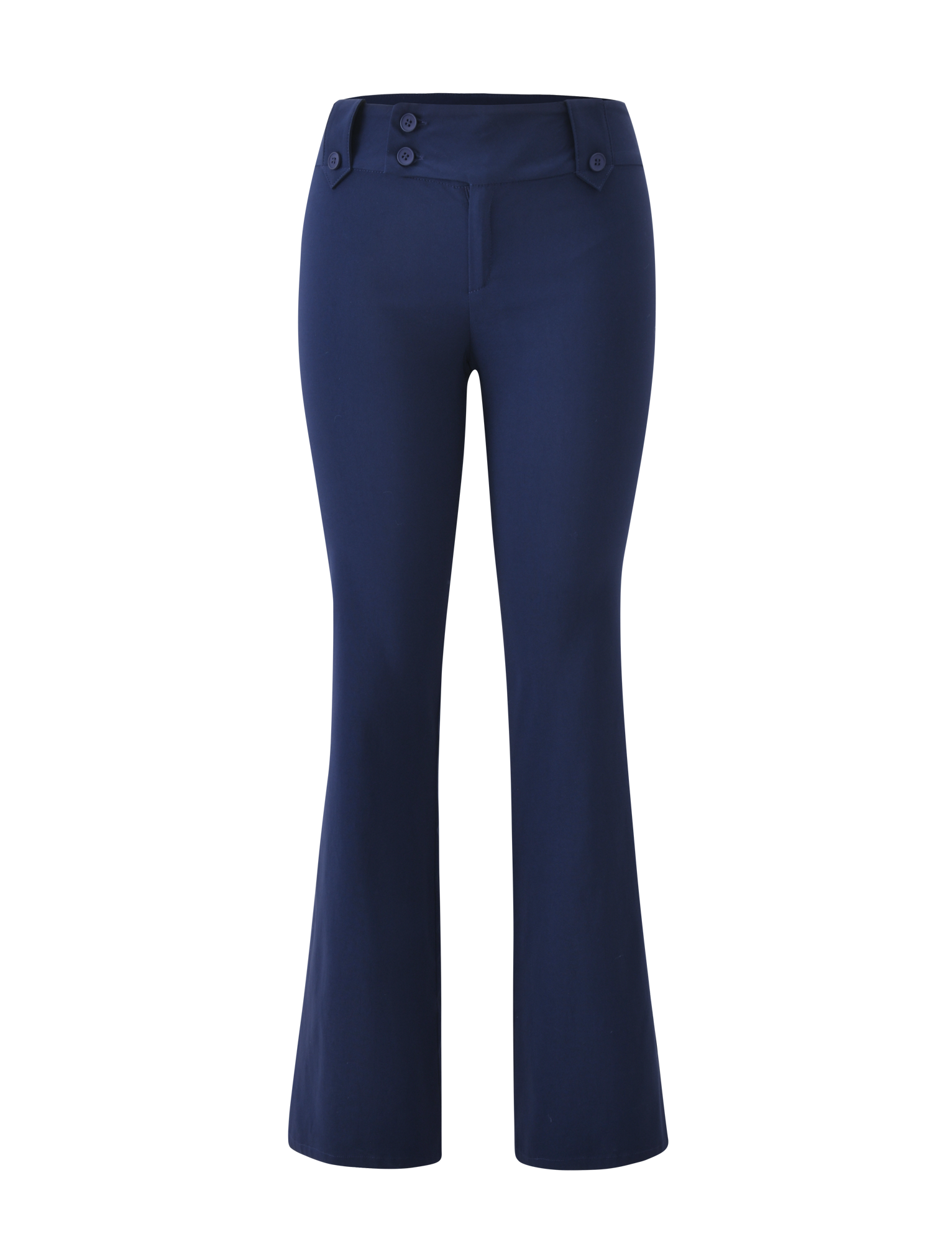The TIGERMIST KITTIE PANT - NAVY features a high-waisted, flared fit in stretch suiting fabric with front button and zip closure, shown on a plain white background.