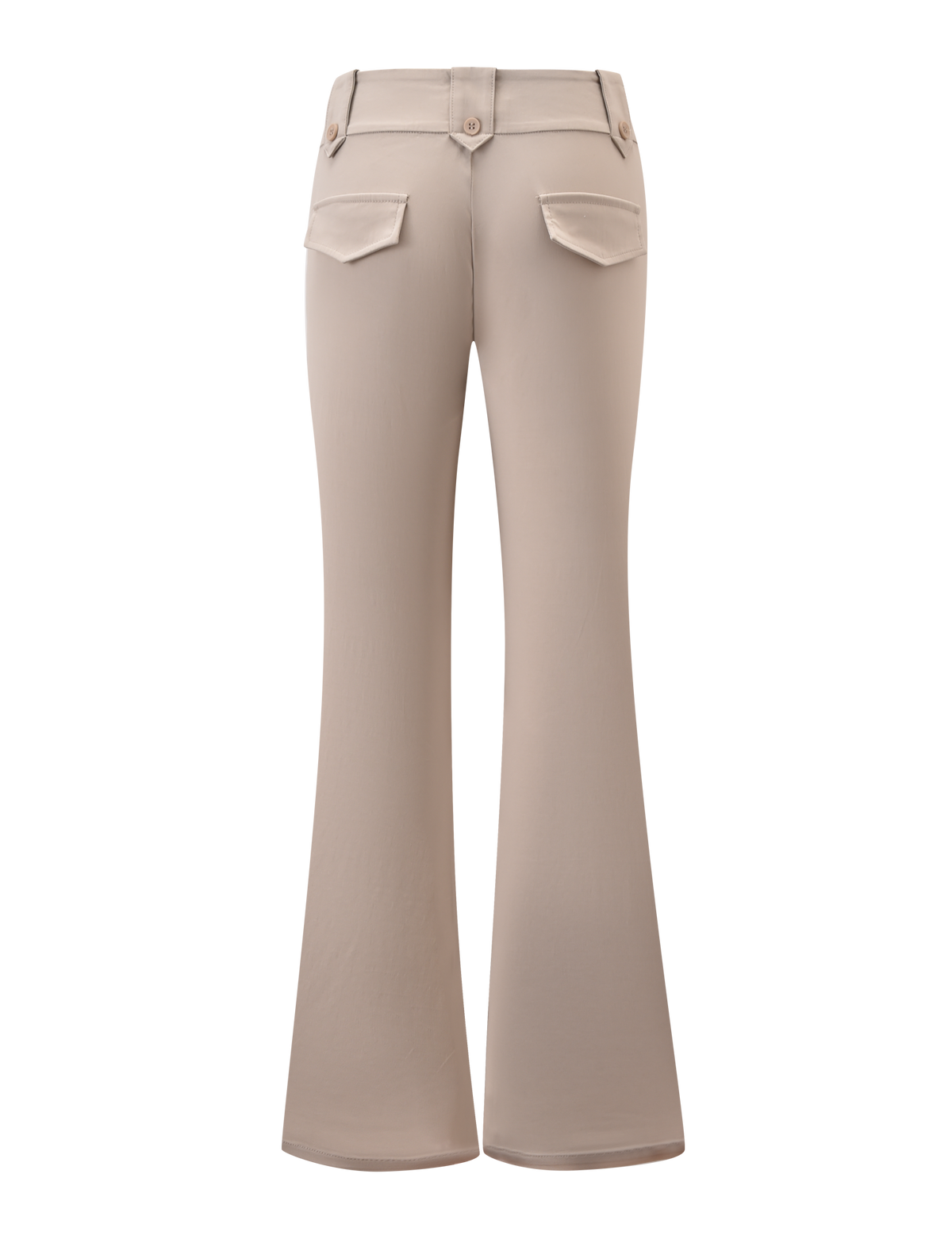 Back view of the TIGERMIST KITTIE PANT - SAND, made from stretch suiting fabric with a high waist, belt loops, and two back flap pockets with button closures.
