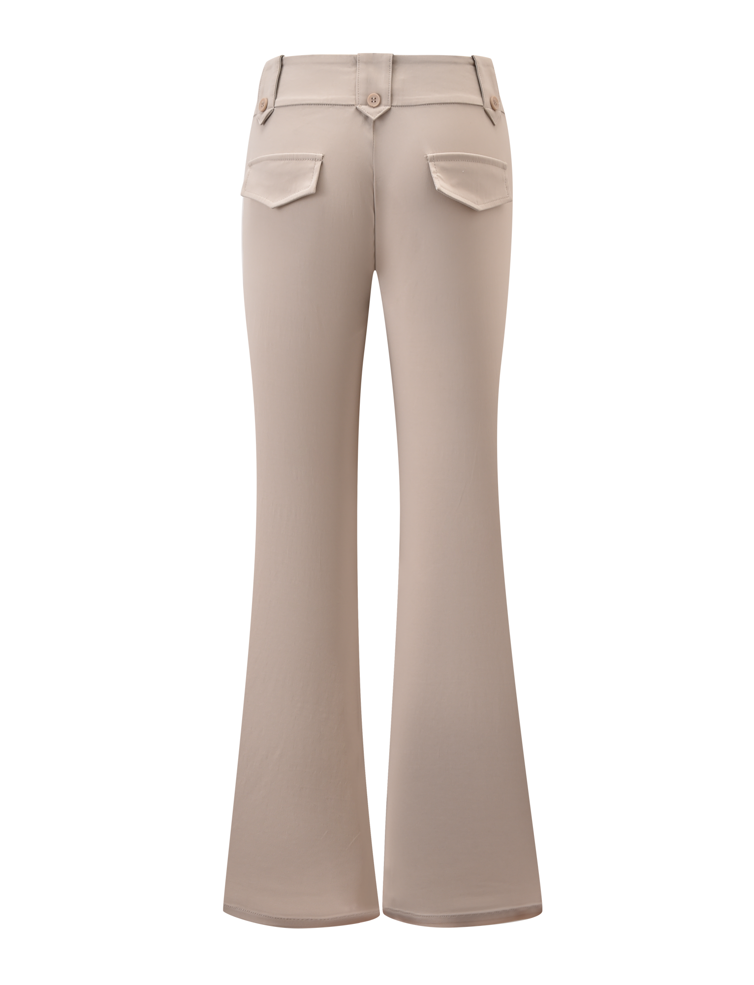 Back view of the TIGERMIST KITTIE PANT - SAND, made from stretch suiting fabric with a high waist, belt loops, and two back flap pockets with button closures.