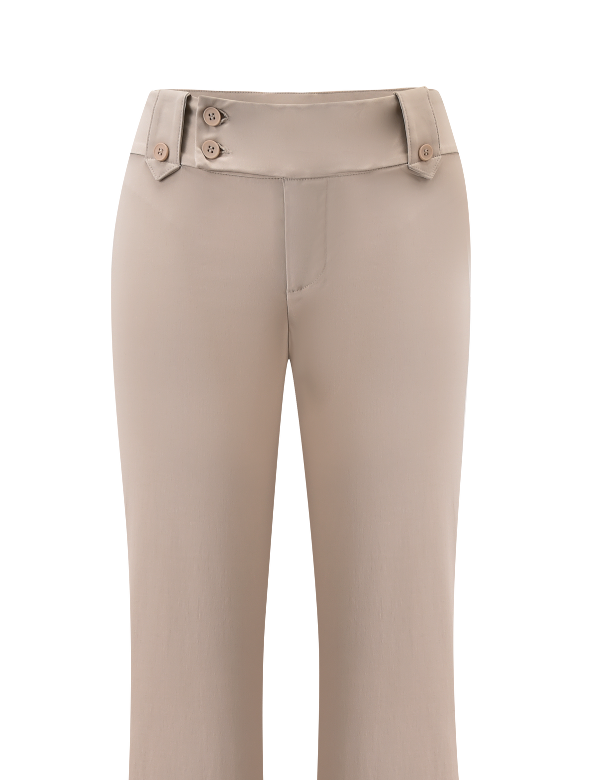 The TIGERMIST KITTIE PANT - SAND for women features a mid-rise waist, wide waistband, belt loops, decorative buttons, and is made from stretch suiting fabric. Displayed on a white background.