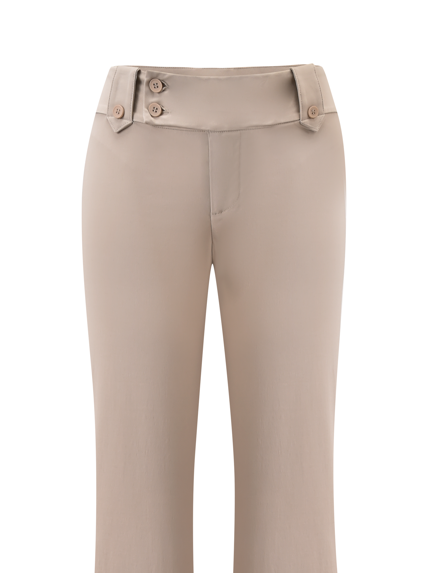The TIGERMIST KITTIE PANT - SAND for women features a mid-rise waist, wide waistband, belt loops, decorative buttons, and is made from stretch suiting fabric. Displayed on a white background.