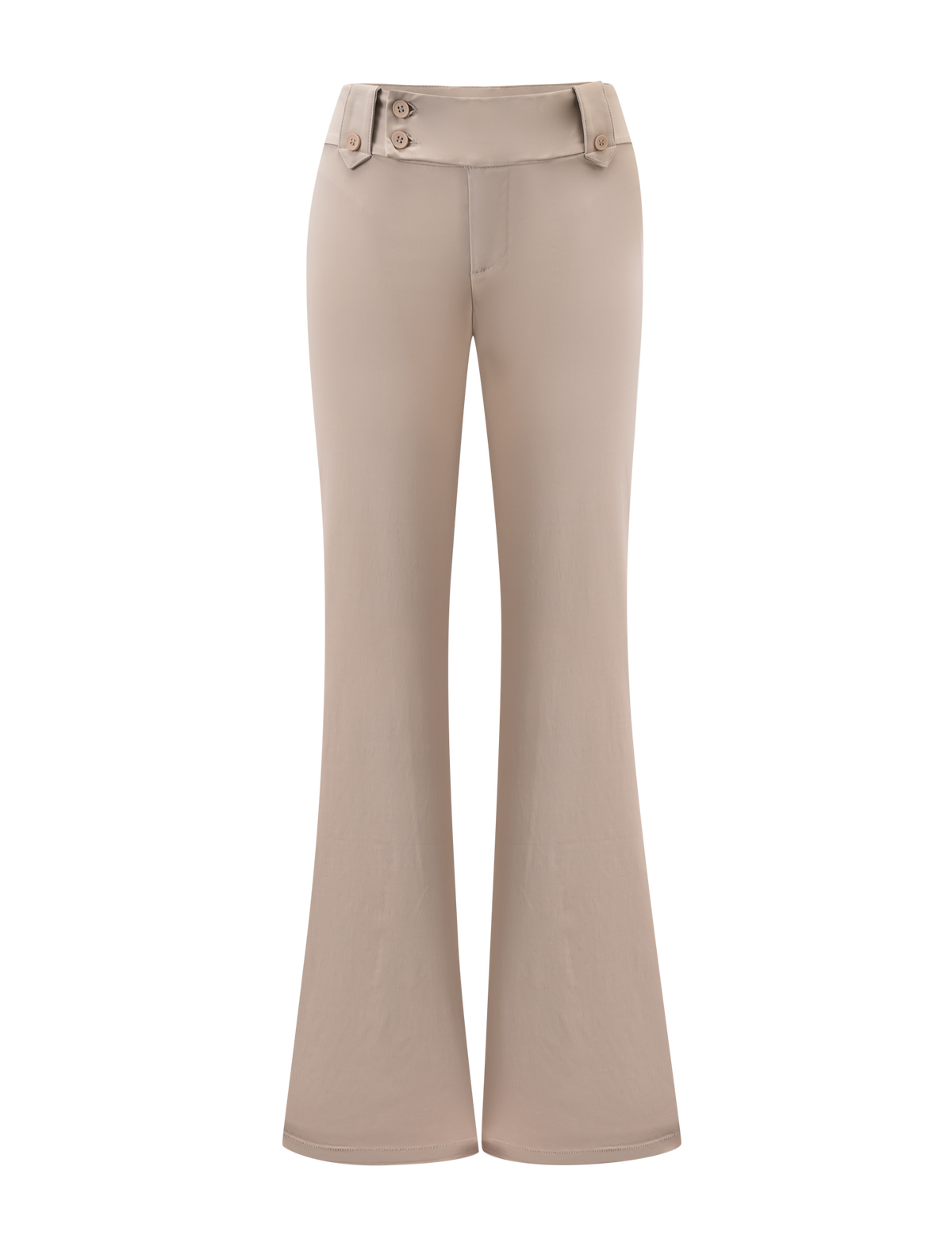 The KITTIE PANT - SAND by TIGERMIST is a beige, high-waisted, wide-leg pant in stretch suiting fabric, featuring a flared bottom, front fly closure, and two waistband buttons.