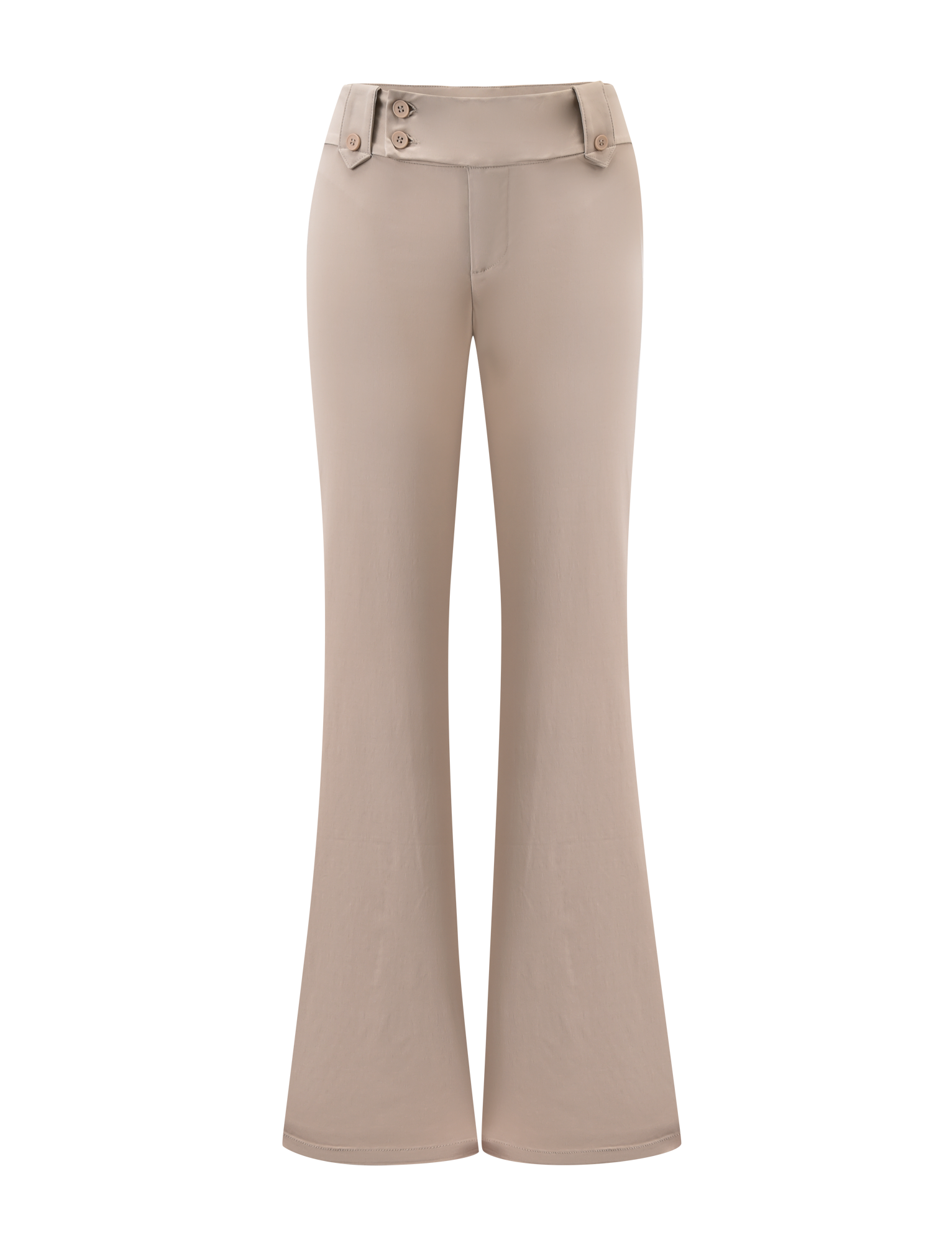 The KITTIE PANT - SAND by TIGERMIST is a beige, high-waisted, wide-leg pant in stretch suiting fabric, featuring a flared bottom, front fly closure, and two waistband buttons.
