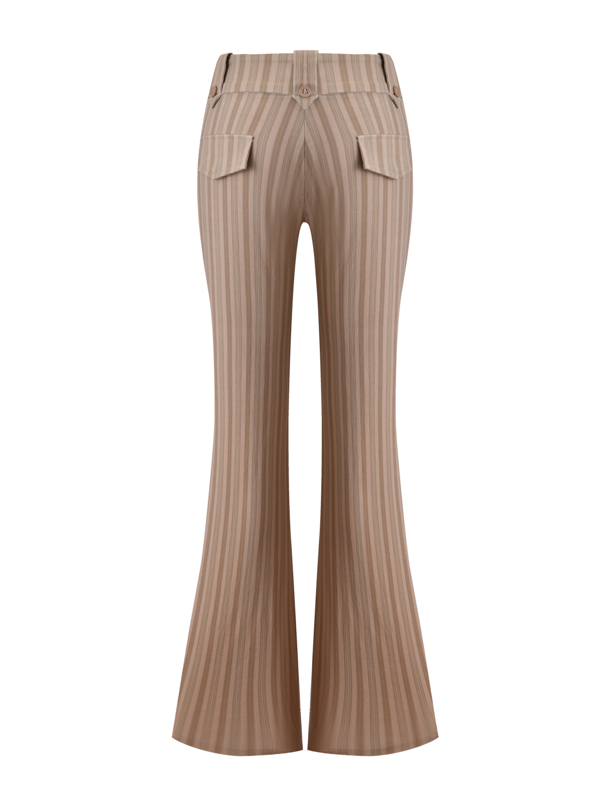 The TIGERMIST KITTIE PANT - TAUPE STRIPE is a beige high-waisted flared pant in stretch suiting fabric with taupe stripes, featuring two back flap pockets with buttons and a button waistband, shown from the back on a white background.
