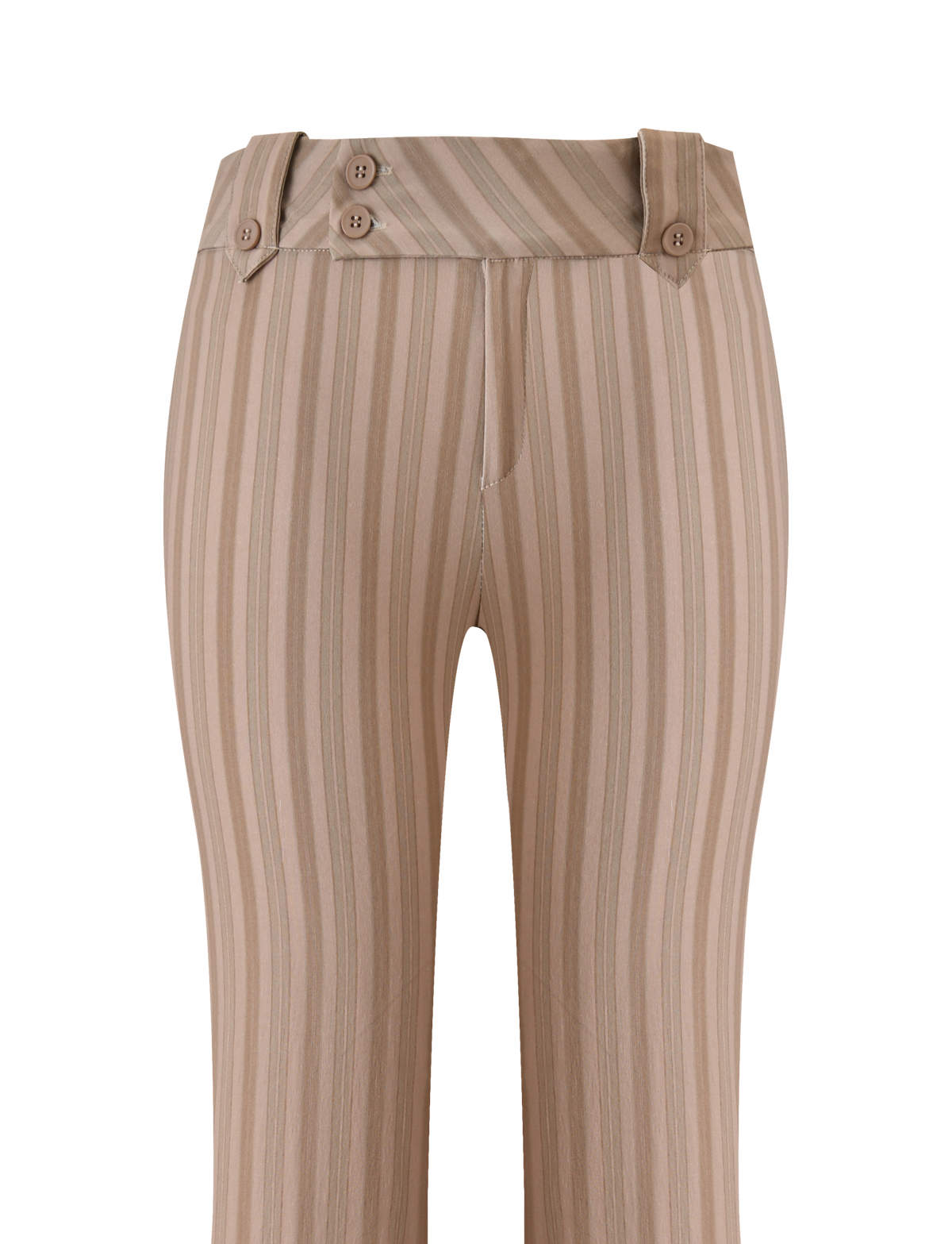 The KITTIE PANT - TAUPE STRIPE by TIGERMIST features stretch suiting fabric in beige with taupe stripes, a high waist, wide waistband, three distinctive buttons, tailored fit, and a sleek look without visible pockets.