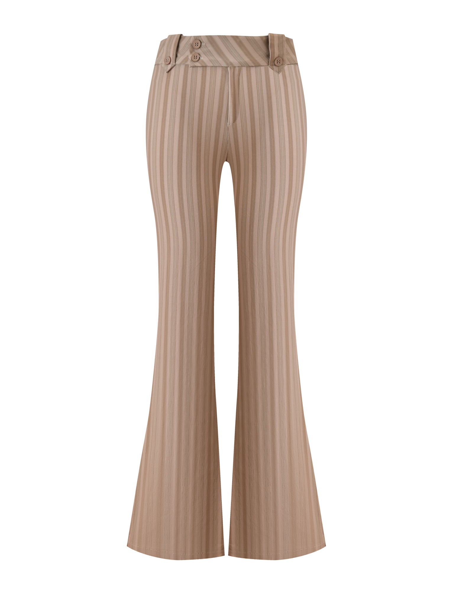 The TIGERMIST KITTIE PANT - TAUPE STRIPE features tan, high-waisted flared legs with taupe stripes, button accents on the waistband, and a tailored fit in stretch suiting fabric, shown against a white background.