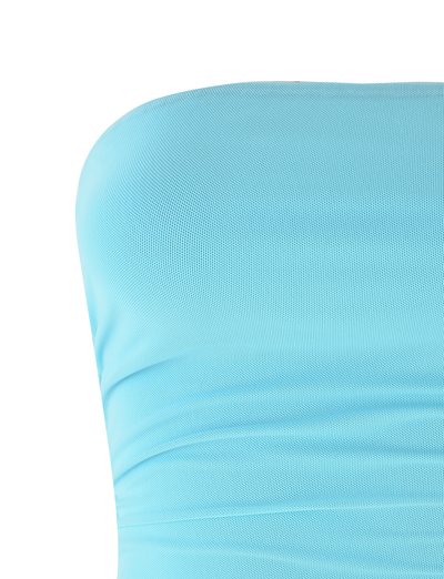 Close-up of the TIGERMIST HARRIETT TUBE TOP in ICE BLUE, highlighting its smooth, softly textured mesh fabric and gentle ruching.