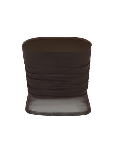 Introducing the HARRIETT TUBE TOP - BROWN : CHOCOLATE by TIGERMIST: a stylish strapless bandeau in a rich chocolate brown, featuring an elegant ruched design. Its bodycon fit contours beautifully, delivering a sleek and contemporary silhouette.