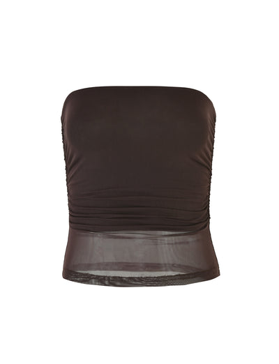 The TIGERMIST HARRIETT TUBE TOP in Chocolate is a strapless brown piece with a bodycon fit, featuring a ruched texture around the midsection and mesh fabrication at the sheer panel along the hem.