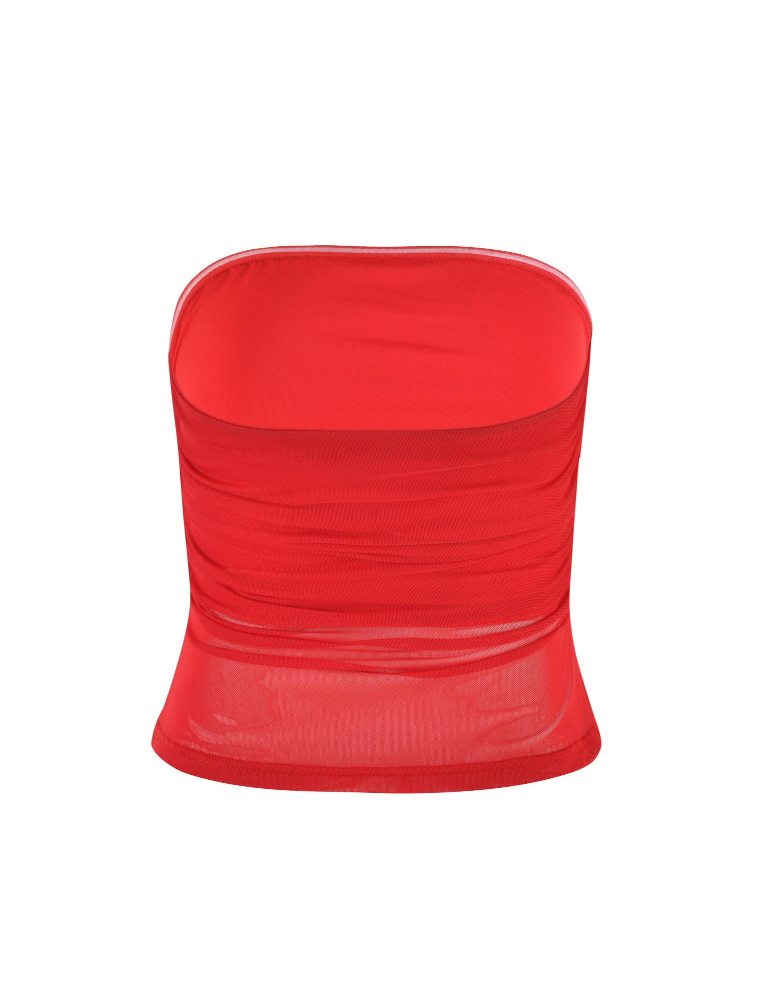 The HARRIETT TUBE TOP - RED from TIGERMIST is a vibrant red sleeveless, strapless top made from a sheer, lightweight material. The design features a fitted torso with slight ruching, neatly finished hems, and a flared bottom edge.