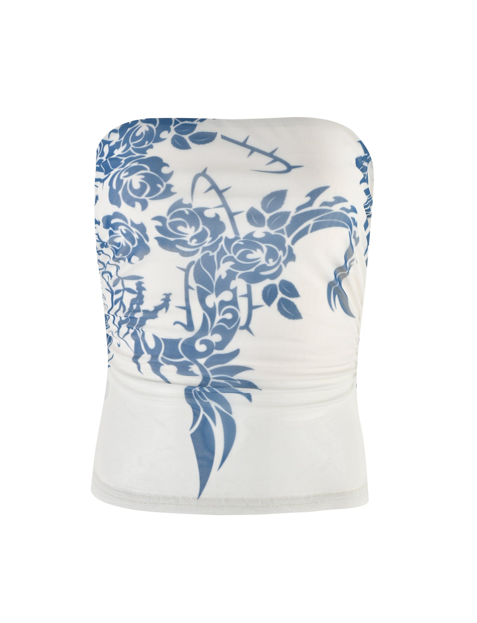 The TIGERMIST HARRIETT TUBE TOP in blue features a striking tattoo print with intricate vine and leaf patterns. This form-fitting, white strapless top showcases the vibrant design primarily on the upper section, with the print elegantly extending downward and slightly ruched sides for added texture.