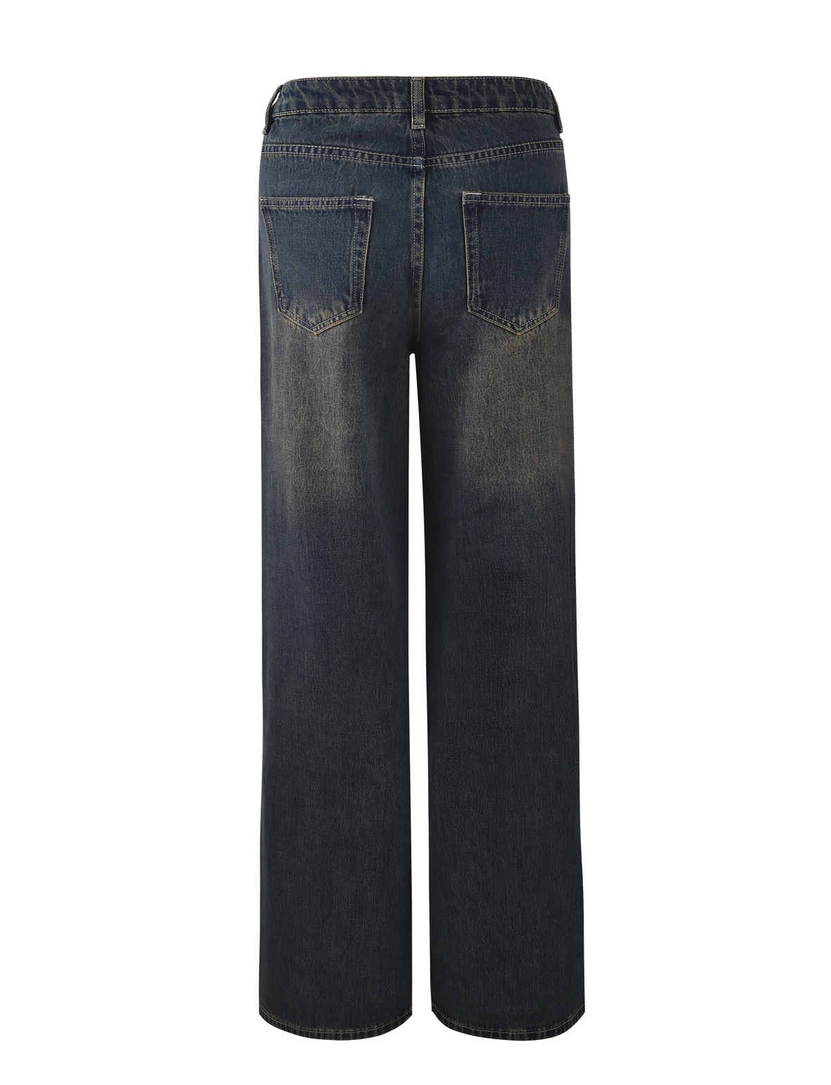 Back view of TIGERMIST FELIX JEAN - BLUE : MID WASH, wide-leg denim jeans in dark blue with two back pockets and subtle faded detailing on seat and thighs, shown against a white background.