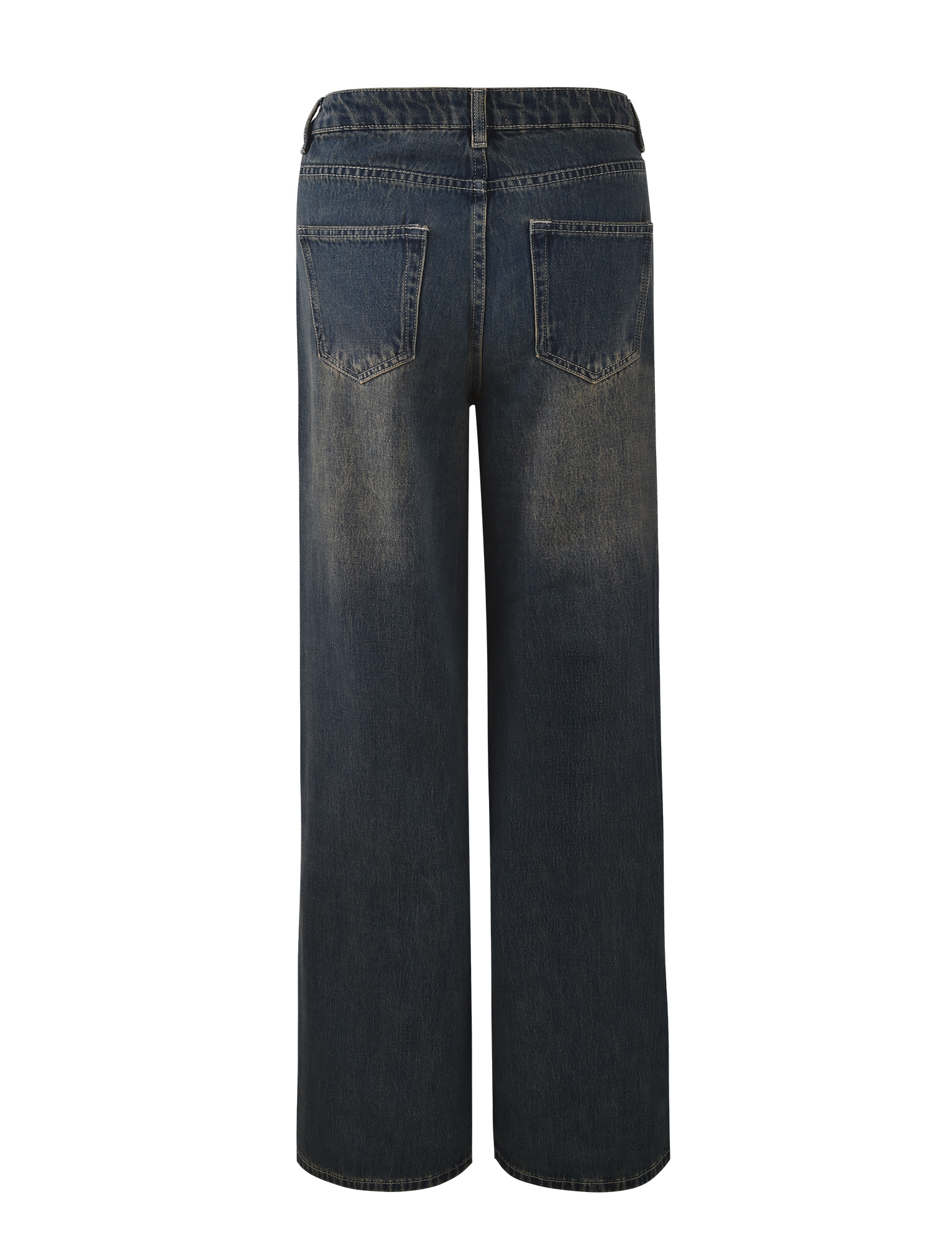 Back view of TIGERMIST FELIX JEAN - BLUE : MID WASH, wide-leg denim jeans in dark blue with two back pockets and subtle faded detailing on seat and thighs, shown against a white background.