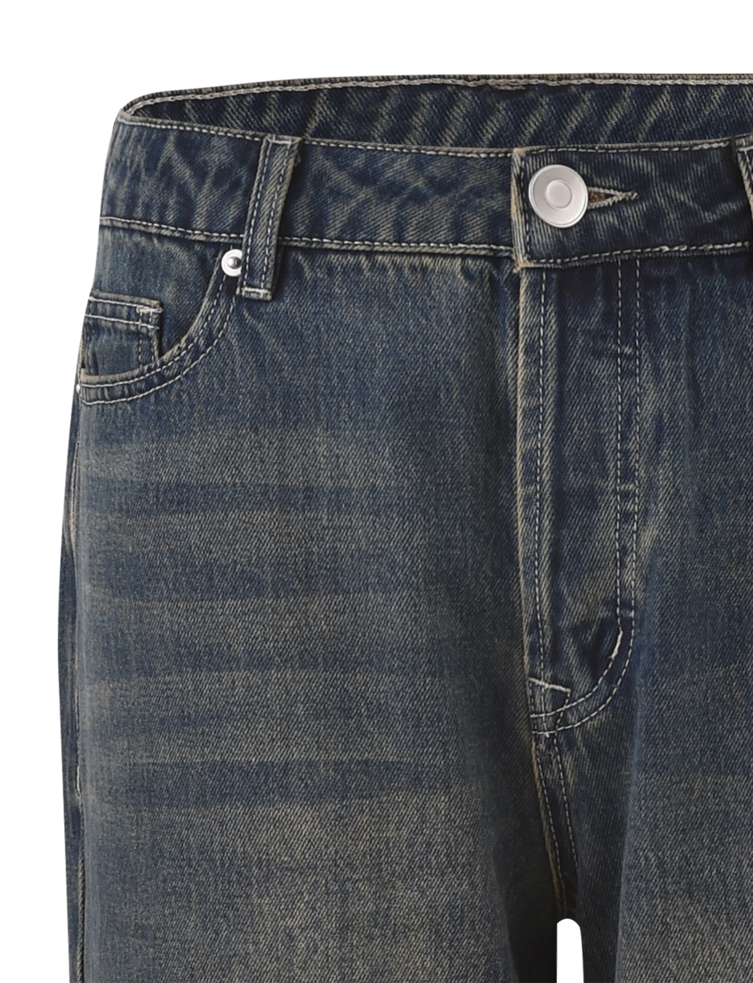 Close-up of the upper front section of TIGERMIST's FELIX JEAN - BLUE : MID WASH, highlighting the waistband, button, belt loops, front pockets, and visible stitching details.