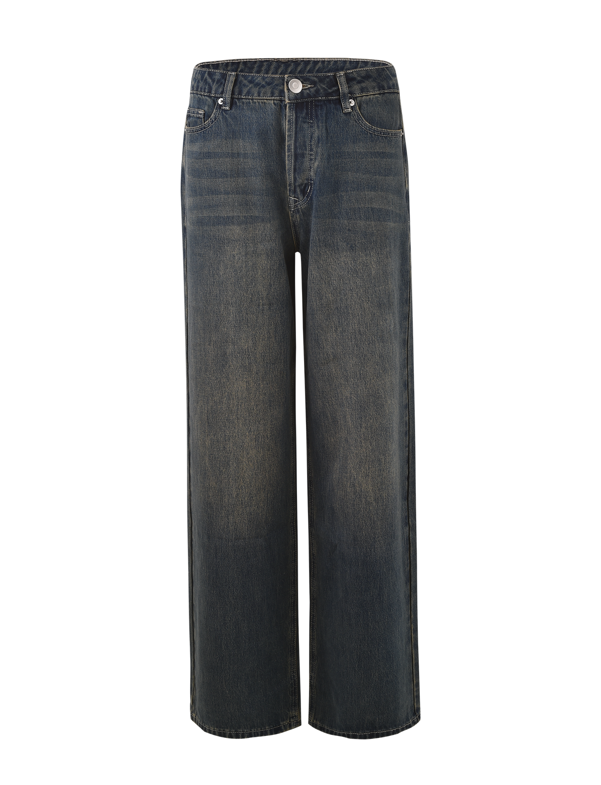 The FELIX JEAN - BLUE : MID WASH by TIGERMIST features a high-waisted, wide-leg fit with button and zip closure, front and back pockets, and subtle thigh fading.