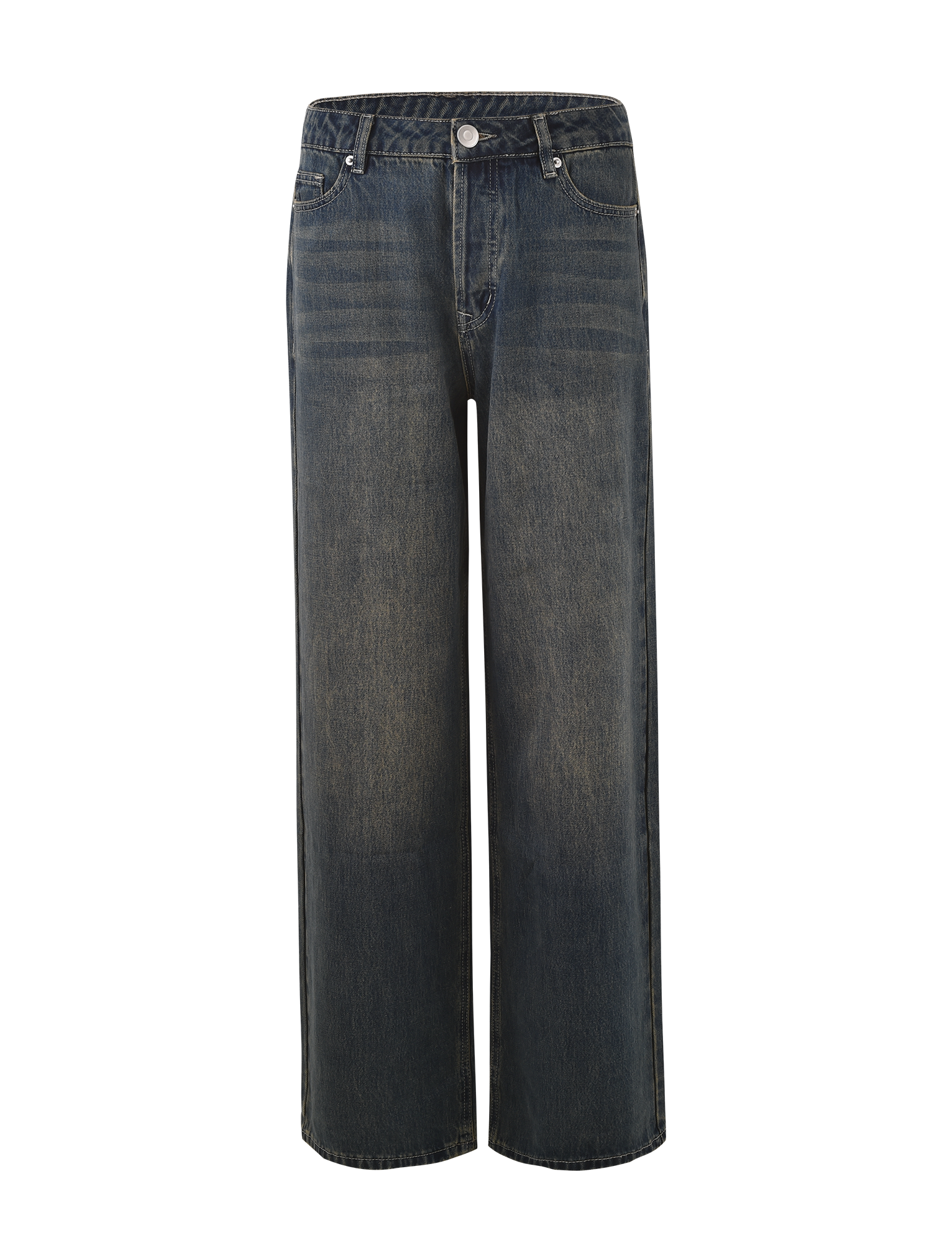 The FELIX JEAN - BLUE : MID WASH by TIGERMIST features a high-waisted, wide-leg fit with button and zip closure, front and back pockets, and subtle thigh fading.