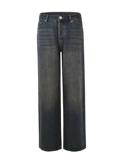 The FELIX JEAN - BLUE : MID WASH by TIGERMIST features a high-waisted, wide-leg fit with button and zip closure, front and back pockets, and subtle thigh fading.