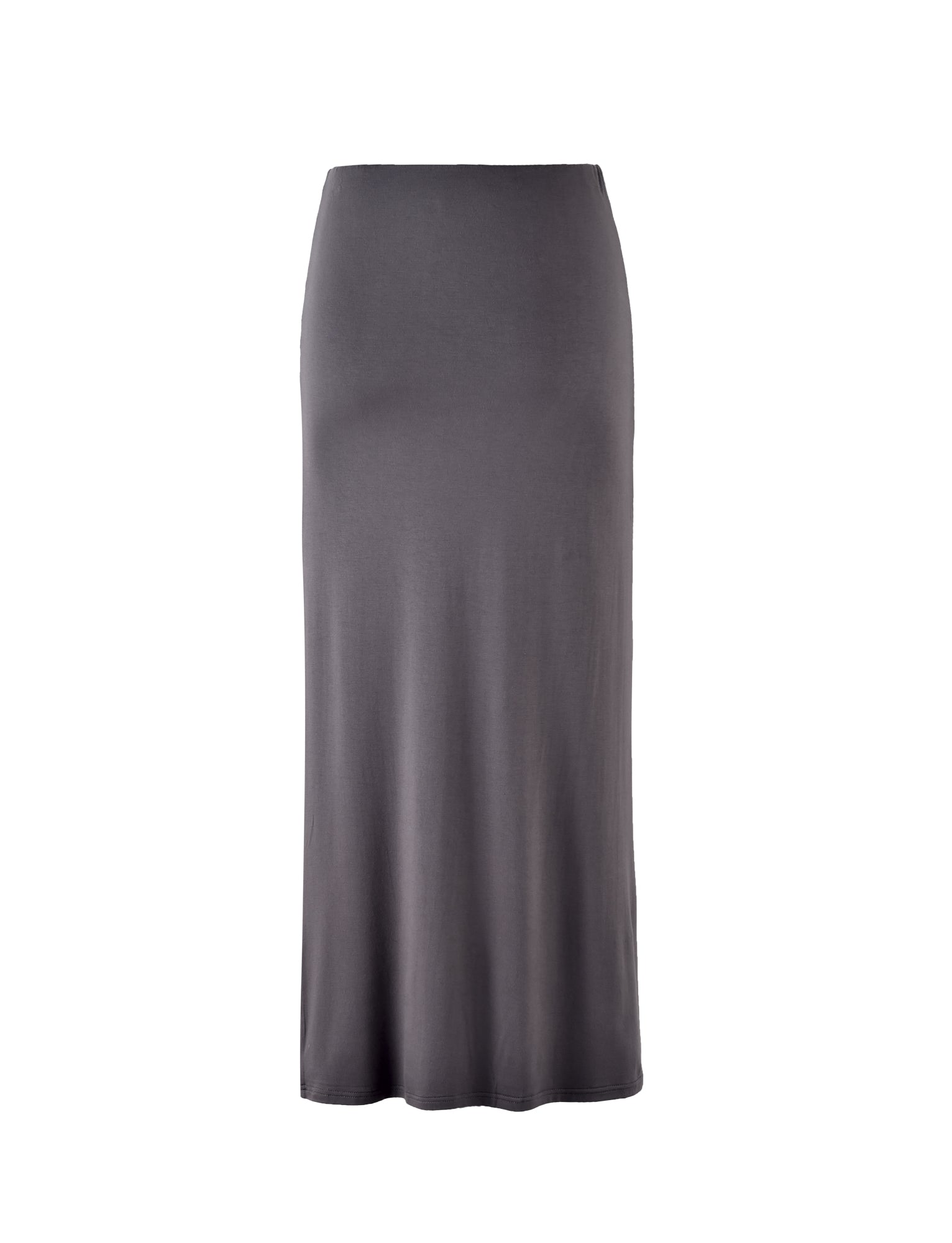 A sleek, high-waisted, ankle-length steel grey skirt from TIGERMIST displayed against a white background. The ADDISON SKIRT - GREY: STEEL GREY features a simple, slim-fitting silhouette crafted from smooth, flowing fabric.