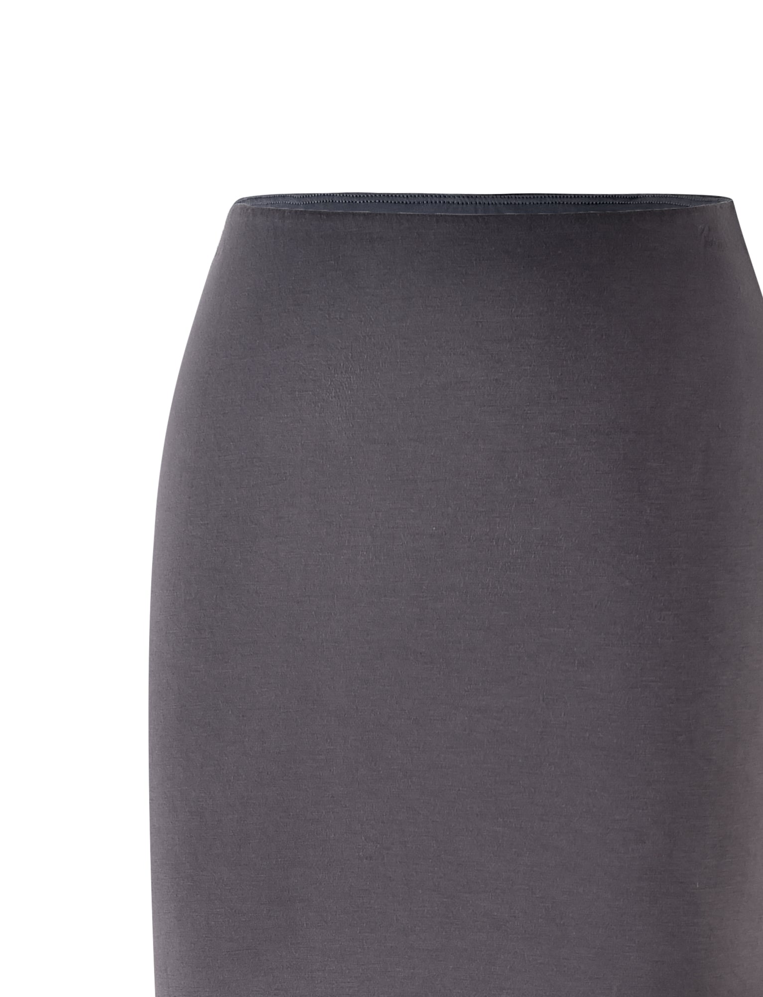 Image of the ADDISON SKIRT - GREY : STEEL GREY from the waist down to just above the knee. The fabric is smooth, and the skirt fits snugly, emphasizing a minimalist and elegant look. Designed by TIGERMIST, it exudes sophisticated style against a crisp white background.