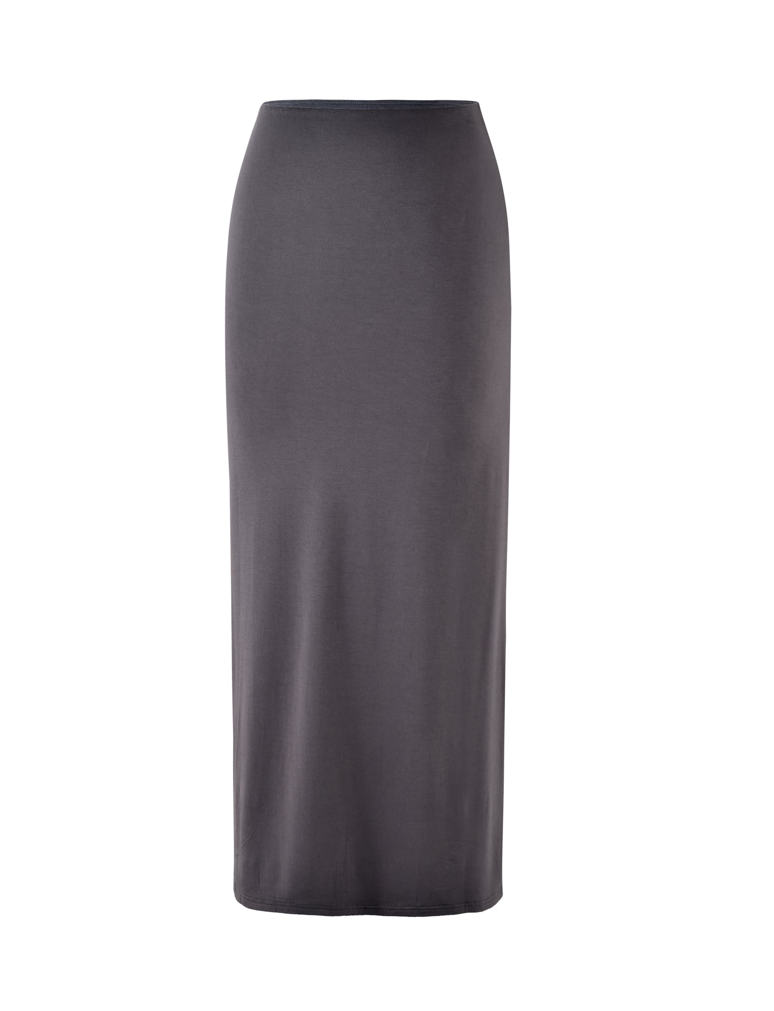 Introducing the Tiger Mist Addison Skirt in Steel Grey, a long, high-waisted pencil skirt that reaches below the knee. Featuring a sleek, fitted design with no visible patterns, pockets, or embellishments, this skirt is crafted from smooth and slightly stretchy fabric.