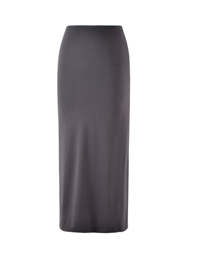 Introducing the Tiger Mist Addison Skirt in Steel Grey, a long, high-waisted pencil skirt that reaches below the knee. Featuring a sleek, fitted design with no visible patterns, pockets, or embellishments, this skirt is crafted from smooth and slightly stretchy fabric.