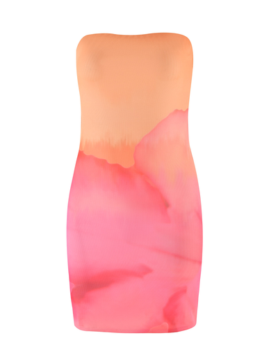 The TIGERMIST CHER MINI DRESS features a strapless, form-fitting bodycon silhouette in a pink macro floral hibiscus print, blending peach and pink-red hues for a watercolor effect.