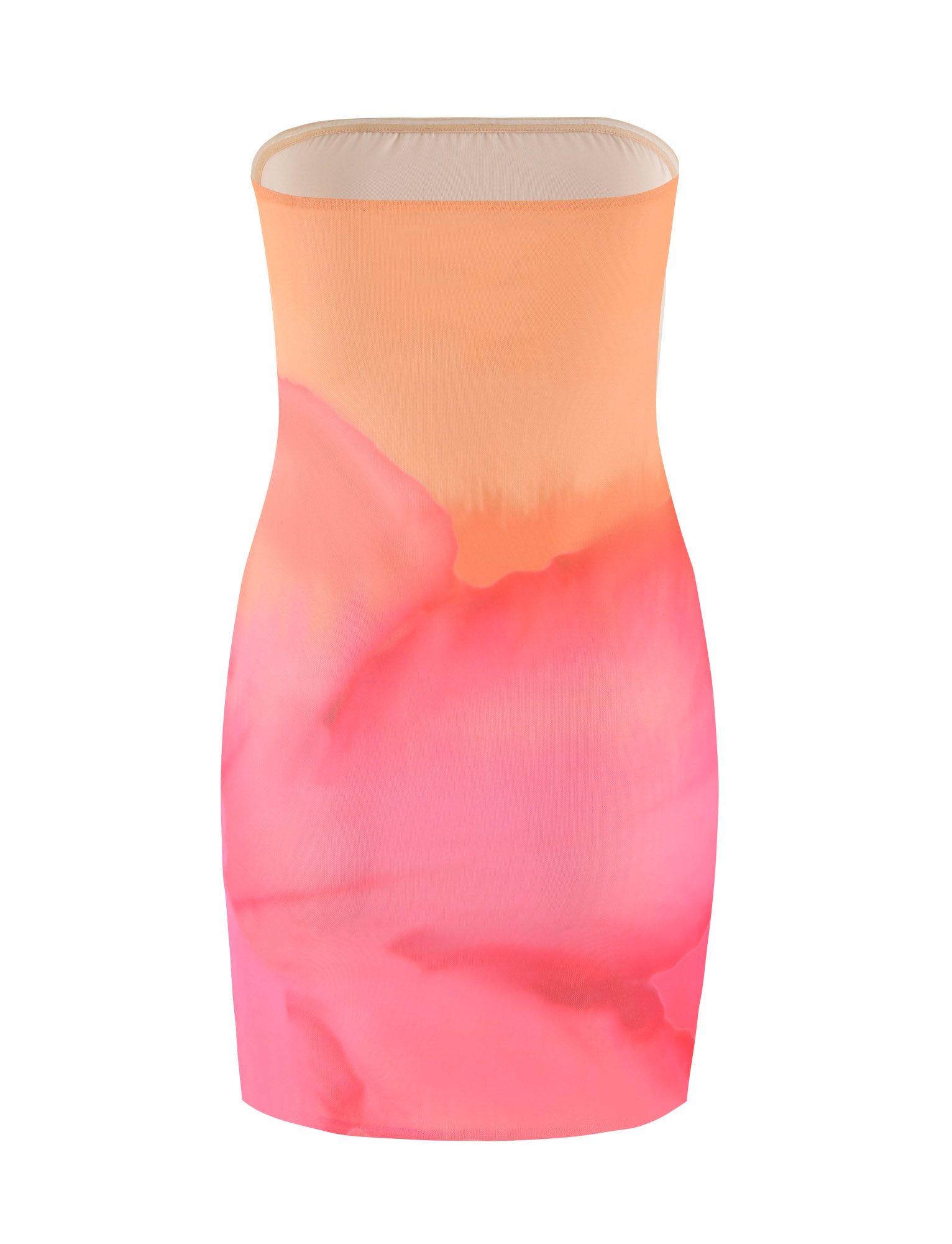 The TIGERMIST CHER MINI DRESS in Pink Hibiscus features a strapless bandeau bodycon fit with a soft pink macro floral pattern and a smooth, seamless design with no visible fastenings or embellishments.