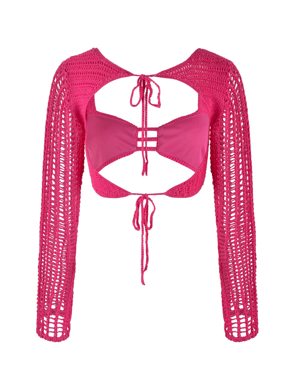 A vibrant hot pink TIGERMIST MACAULEY TOP featuring an intricate crochet design, open back with adjustable ties at the neck and lower back, and long sleeves.