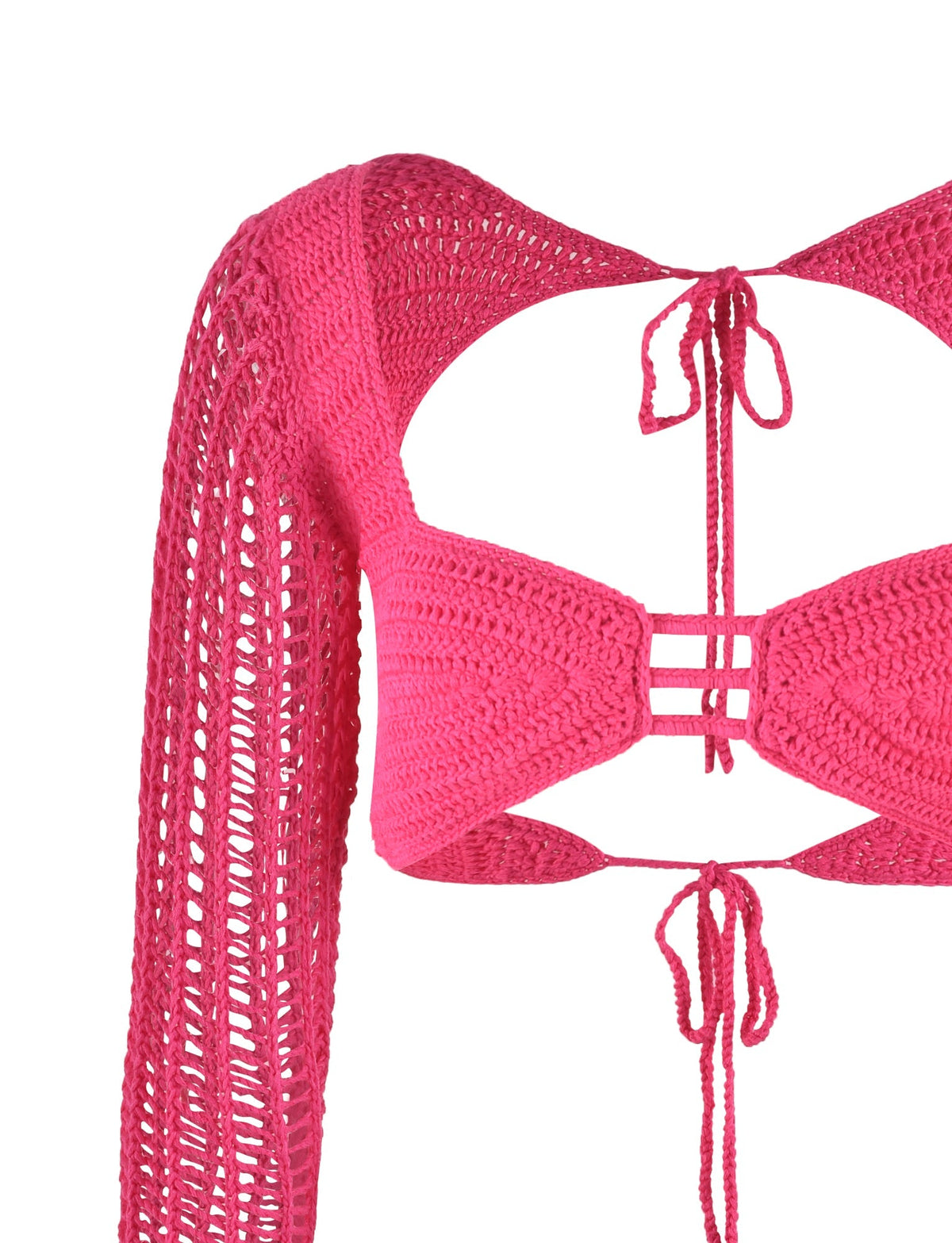 Introducing the MACAULEY TOP in HOT PINK by TIGERMIST, a vibrant pink crochet top with long, open-knit sleeves, a halter neck, and an open back secured with tie straps. The front showcases a unique design featuring two central horizontal bands connecting the bust area.