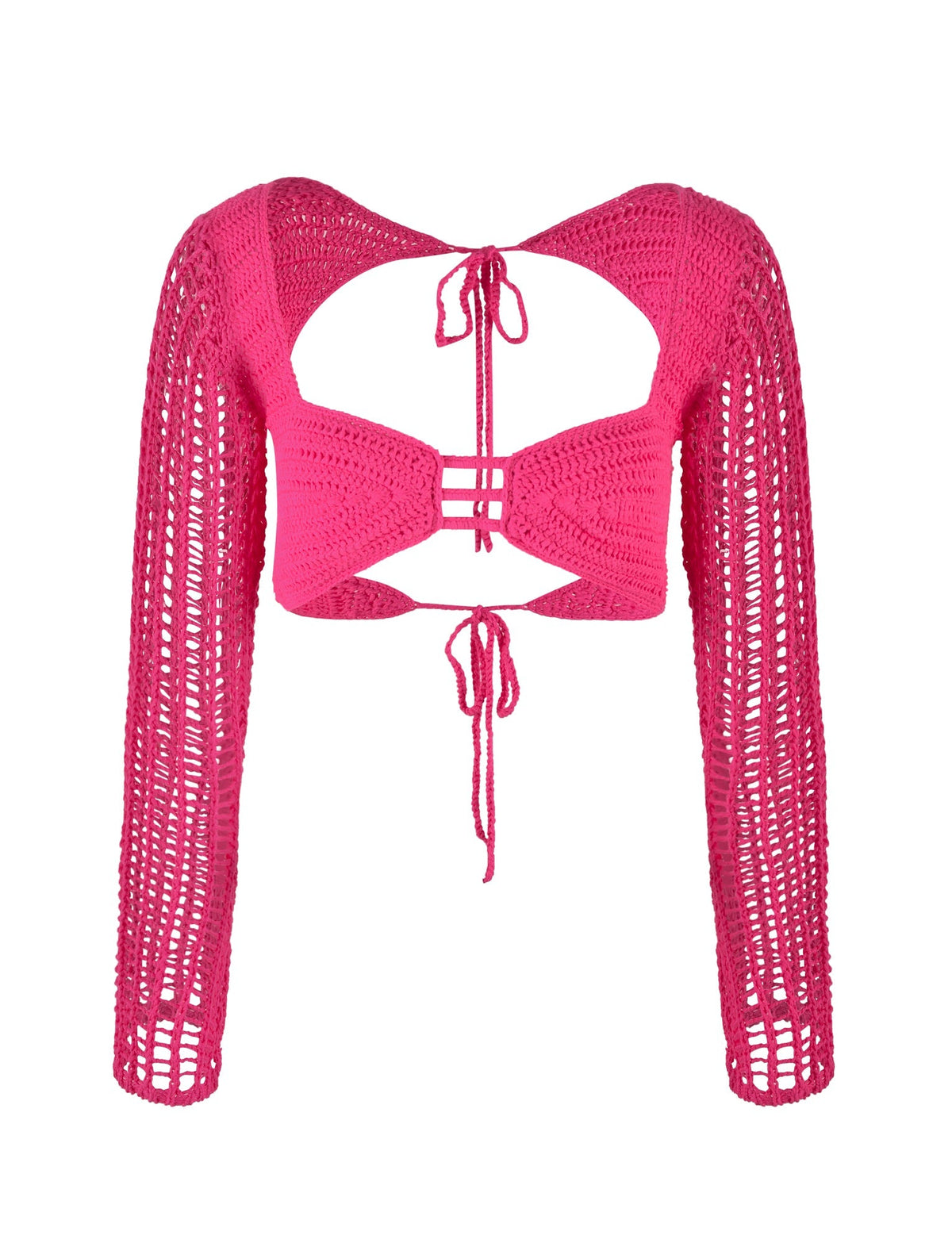 This is the MACAULEY TOP - PINK in a striking hot pink color from TIGERMIST. It boasts a long-sleeve, open-knit crochet design with an intricate pattern. The stylish top features an open back with two tie closures—one at the neckline and another at the mid-back—creating an eye-catching look.