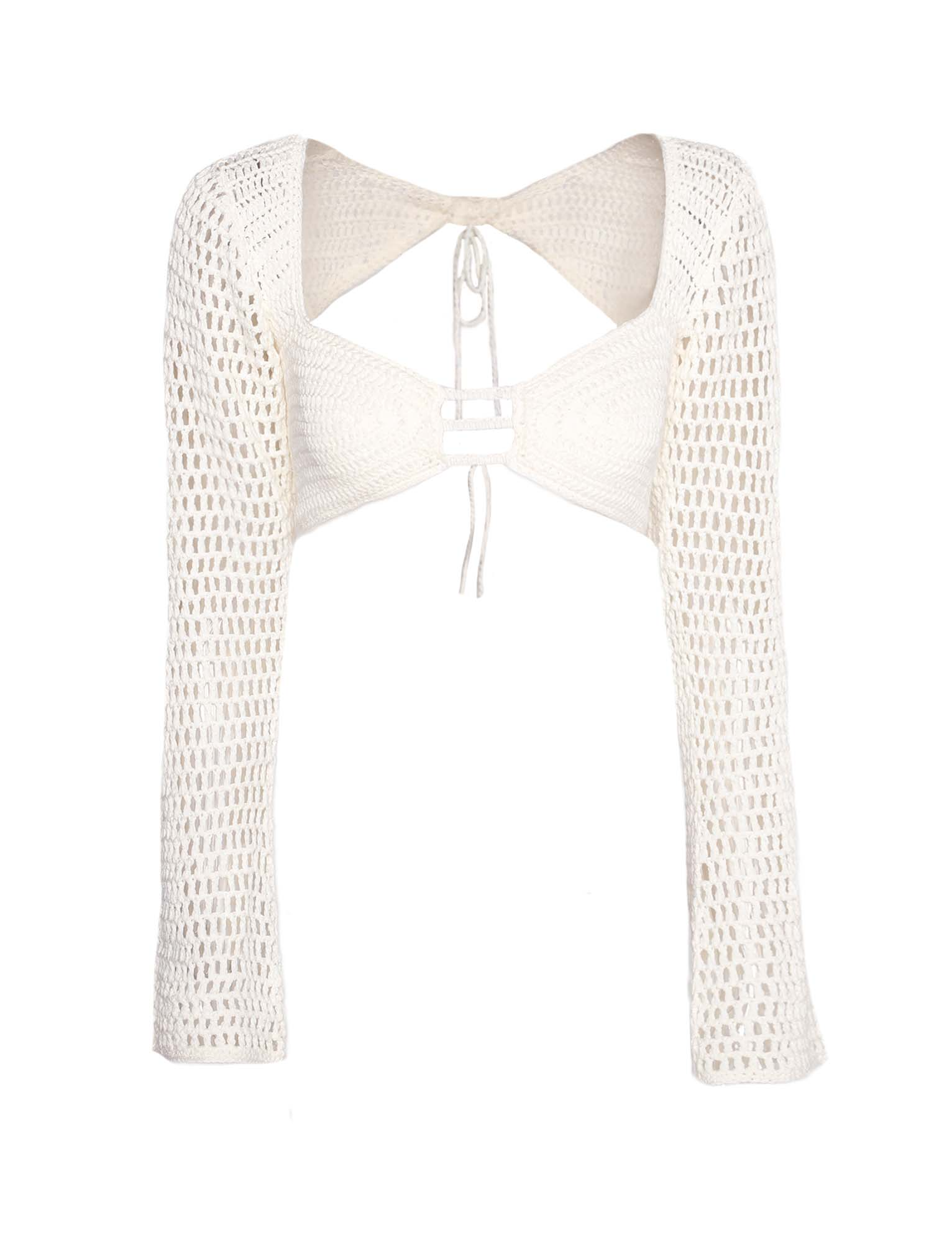 The MACAULEY TOP by TIGERMIST is a cream crochet long-sleeve bolero with an open front, wide netted pattern, and tie closures at the back neck and front—ideal for layering over a sweetheart neckline or styling with your go-to bodycon.