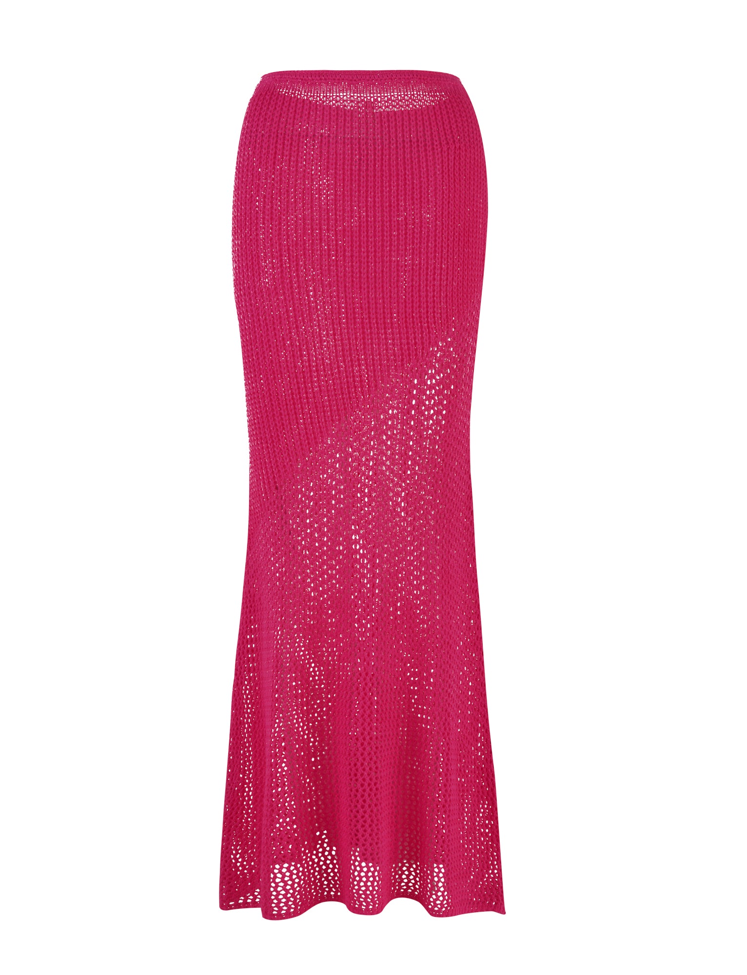 The MACAULEY SKIRT - PINK in hot pink from TIGERMIST is a vibrant crochet maxi skirt featuring a fitted waistline and a slightly flared hem. Its open-weave pattern offers a lightweight, airy appearance, while the stretchy material provides a form-fitting feel, making it perfect for casual or beachwear outfits.