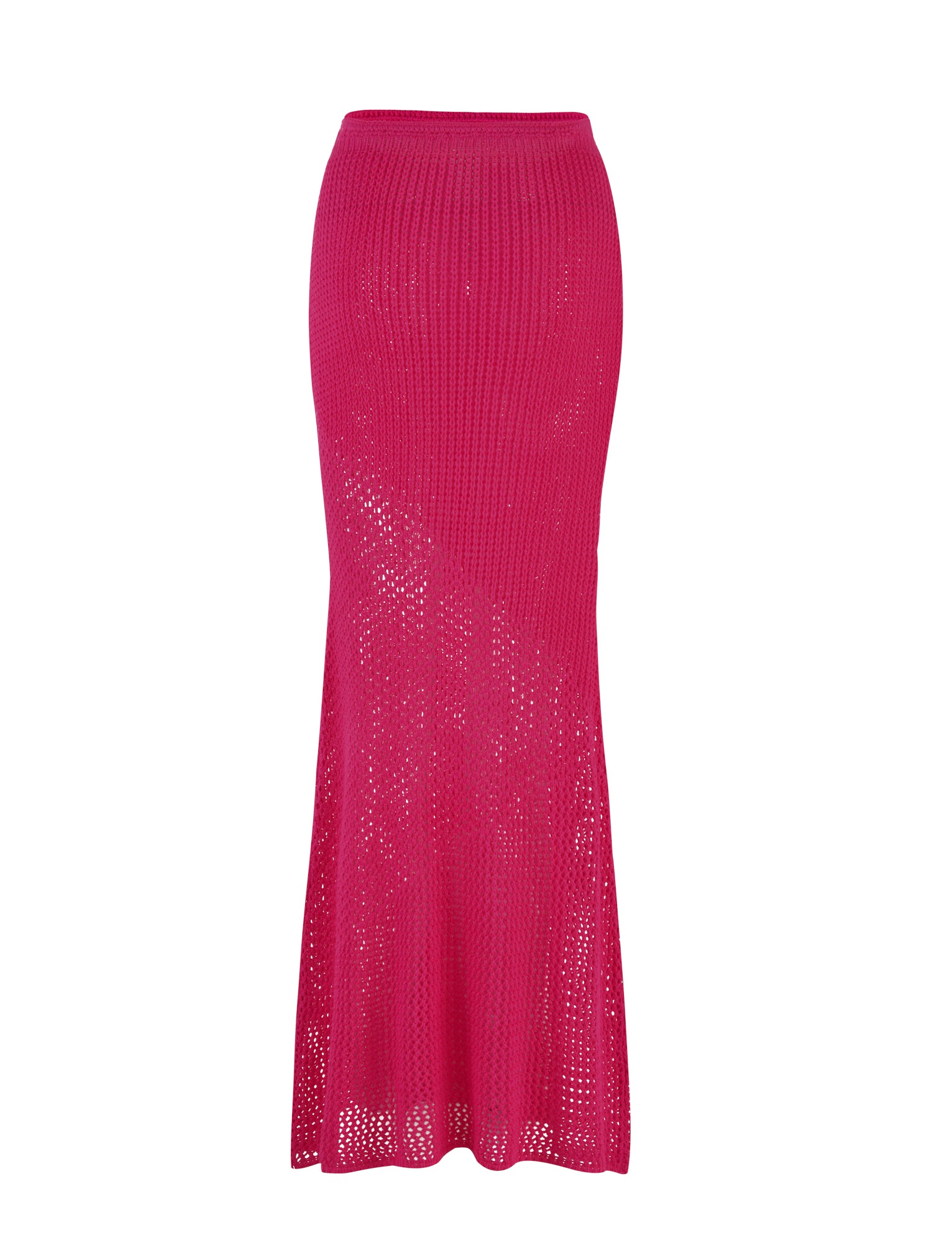 Introducing the MACAULEY SKIRT - PINK by TIGERMIST: This long, hot pink knit skirt features a fitted waistline and a flared hem. It boasts an intricate open-knit pattern that creates a see-through effect and adds texture. The material is lightweight and breathable, making it perfect for any occasion.