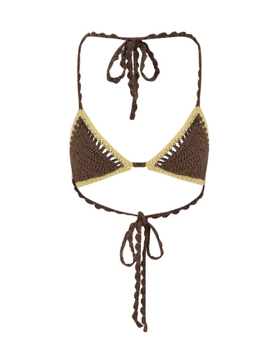 The TIGERMIST CORA BIKINI TOP - BROWN : EARTHY is a handmade crochet bikini top featuring triangular cups primarily in brown, outlined in yellow. It is secured with brown braided strings that tie at the neck and back.
