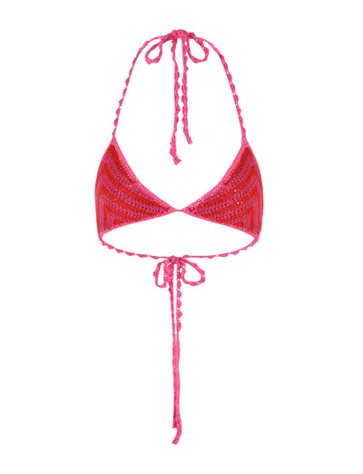 The CORA BIKINI TOP - PINK : STRIPE by TIGERMIST is a stunning crocheted piece showcasing a halter neckline with braided ties around the neck and back. Made from comfortable crochet fabric, its zigzag lines in various shades of pink deliver both style and texture.