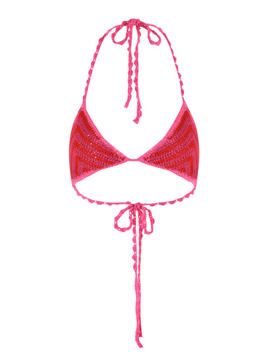 The CORA BIKINI TOP - PINK : STRIPE from TIGERMIST showcases a vibrant pink striped crochet design with wearable crochet fabrication, triangular cups, and halter neck ties. The top features adjustable back ties and intricate detailing in the crochet pattern.