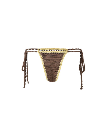 The CORA BIKINI BOTTOM - BROWN : EARTHY by TIGERMIST is a chic crocheted bikini bottom in brown with a cream border. It features tie strings on each side for adjustable fitting and is displayed against a white background.