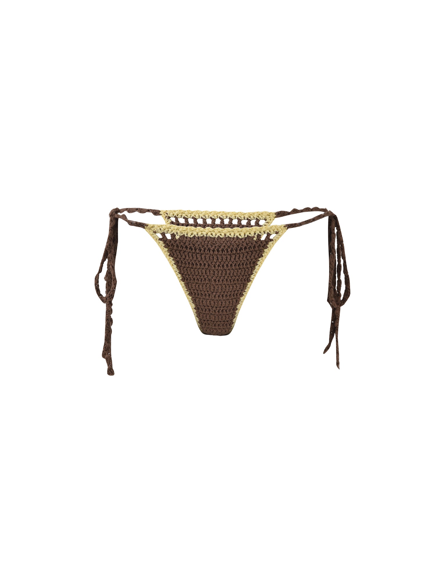 The CORA BIKINI BOTTOM - BROWN : EARTHY from TIGERMIST is a brown crocheted thong bikini bottom, adorned with yellow accents at the waistband and ties on the sides. It is showcased against a plain white background as part of Tiger Mist's latest collection.