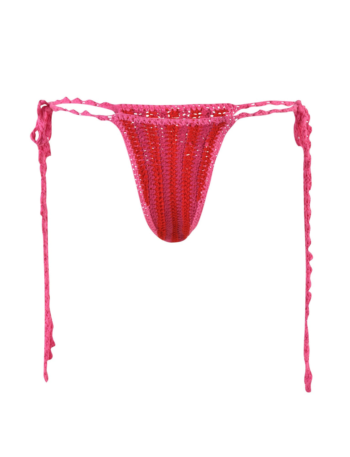 The CORA BIKINI BOTTOM - PINK : STRIPE from TIGERMIST is a vibrant pink crochet bikini bottom showcased flat on a white background. This cheeky-cut thong features thin, string-tie sides for an adjustable fit and has a lined design.