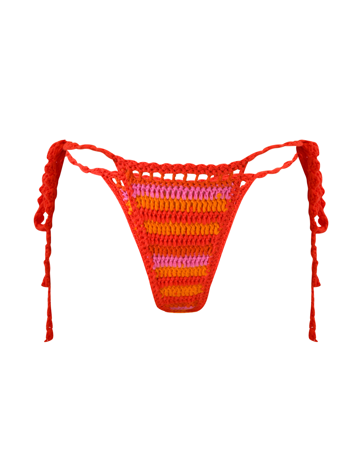 The TIGERMIST CORA BIKINI BOTTOM - SUNSET TROPICAL STRIPE is a crochet bikini bottom with side ties and vibrant red, orange, and pink stripes, shown on a plain white background.