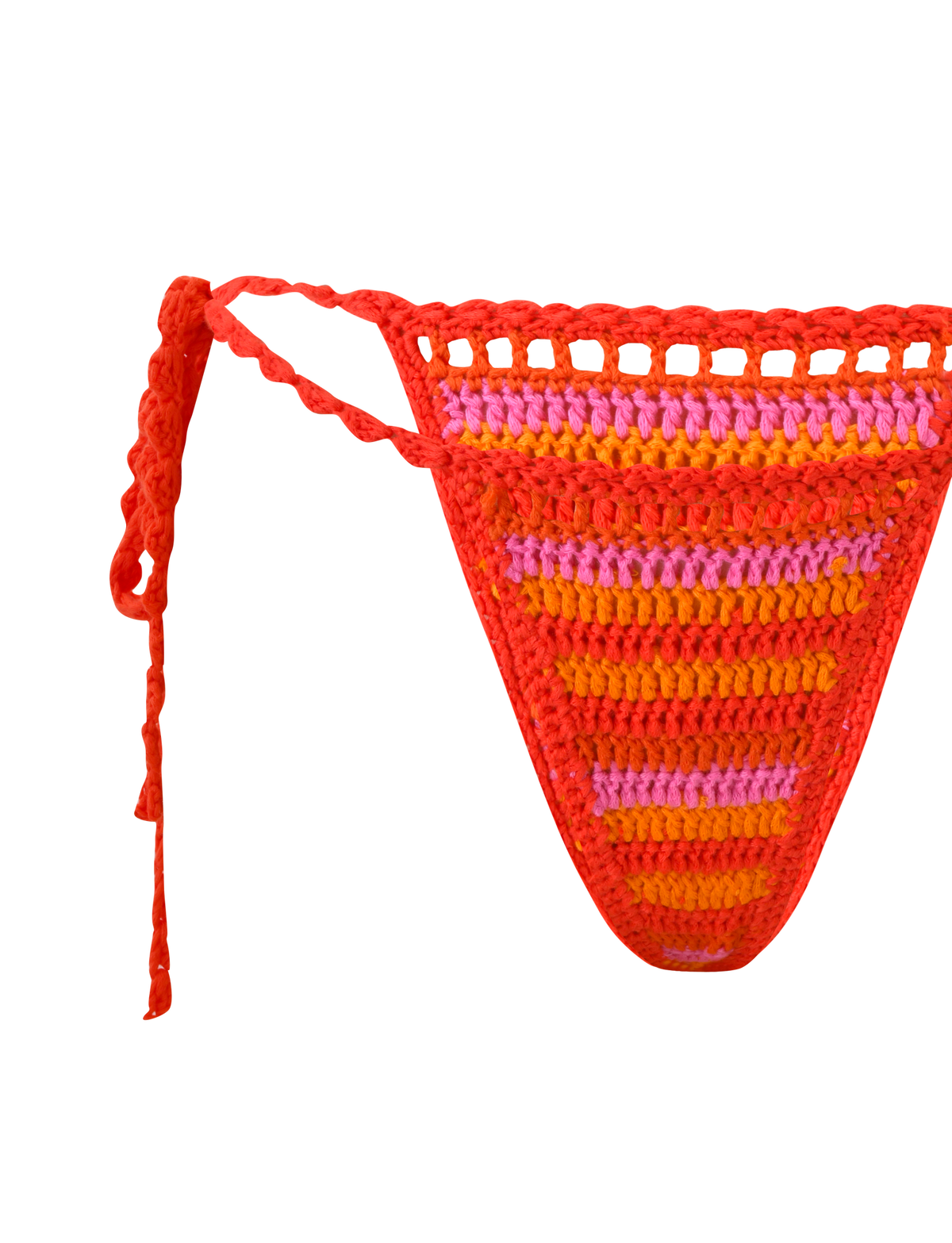 A close-up of the TIGERMIST CORA BIKINI BOTTOM - SUNSET TROPICAL STRIPE, a crochet bikini bottom with red, orange, and pink stripes and side tie detail on a white background.